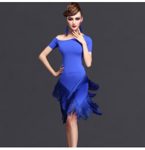 Black fuchsia royal blue purple violet short sleeves round neck competition professional women's ladies female latin salsa cha cha dance dresses outfits